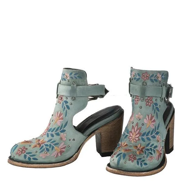 Lydiashoes Vintage Floral Embroidery Round Toe Ankle Bootie