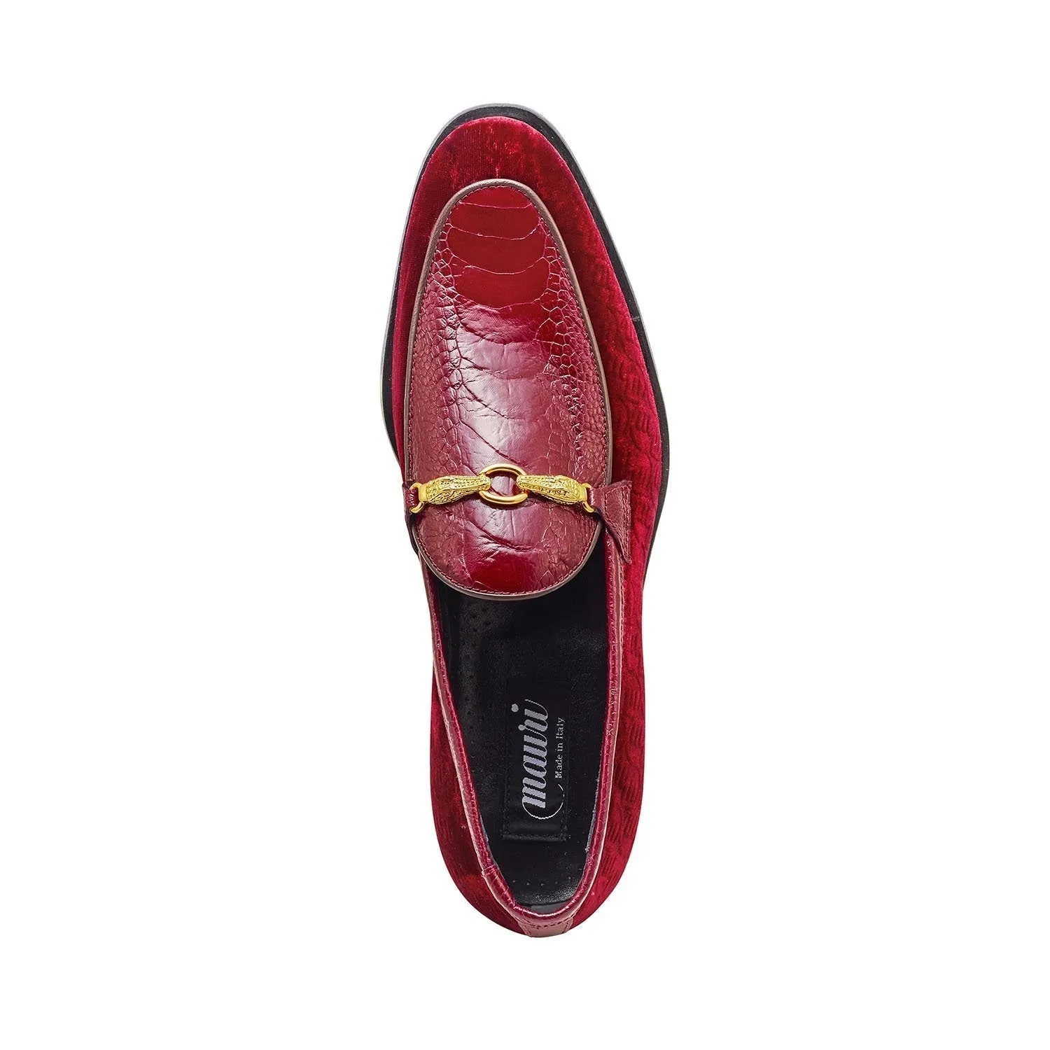 Mauri Baron in Ruby Red Mens Velvet Embossed / Ostrich Leg Horsebit Loafers