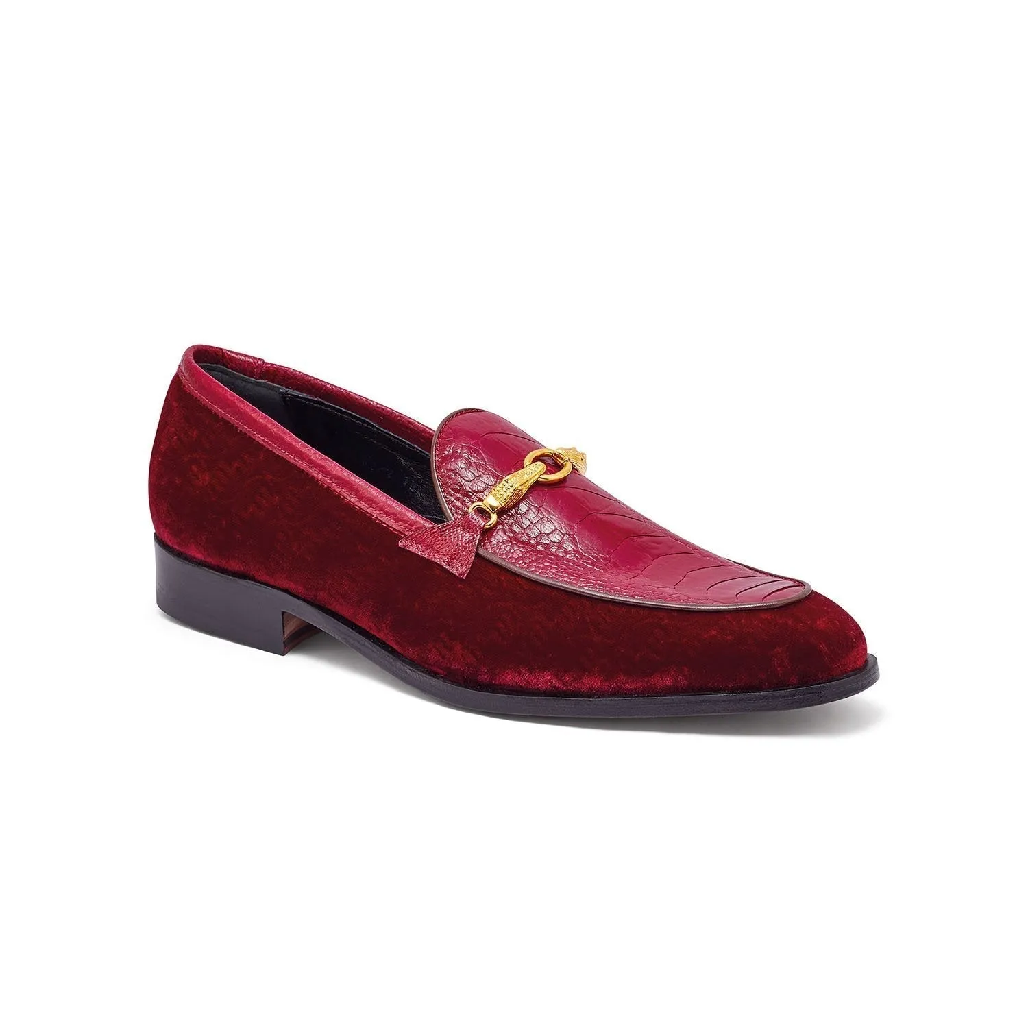 Mauri Baron in Ruby Red Mens Velvet Embossed / Ostrich Leg Horsebit Loafers