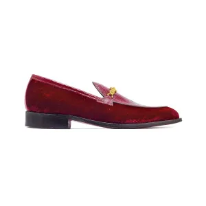 Mauri Baron in Ruby Red Mens Velvet Embossed / Ostrich Leg Horsebit Loafers