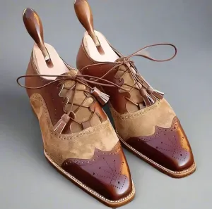 Men’s Two Tone Brown & Beige Suede Leather Lace Up Fine Shoes - Formal Shoes