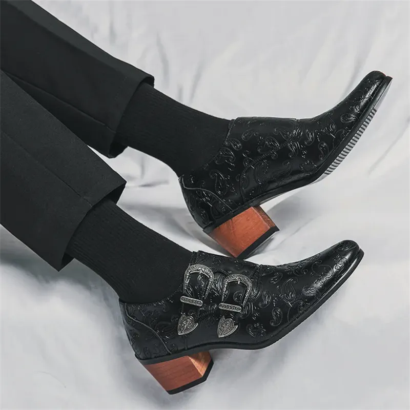 Men's Vintage Paisley Pattern Metal Buckle Chunky Heel Dress Shoes