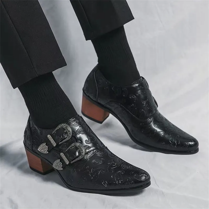 Men's Vintage Paisley Pattern Metal Buckle Chunky Heel Dress Shoes