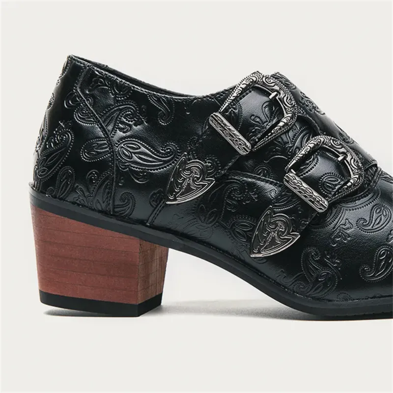 Men's Vintage Paisley Pattern Metal Buckle Chunky Heel Dress Shoes
