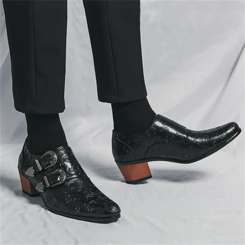 Men's Vintage Paisley Pattern Metal Buckle Chunky Heel Dress Shoes