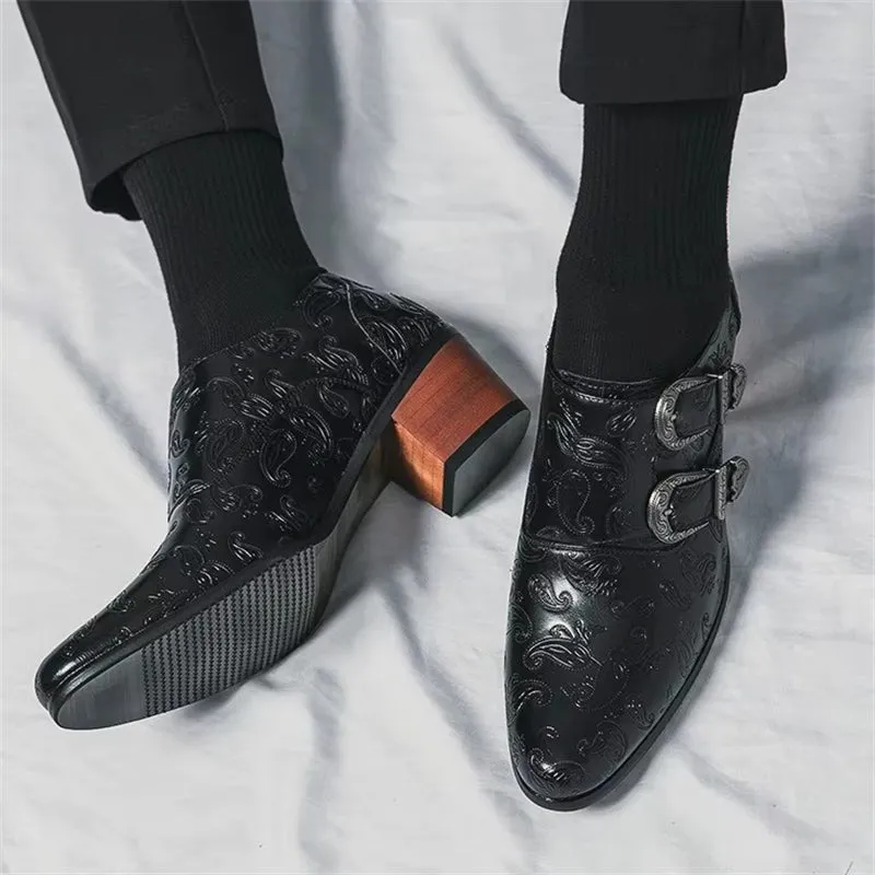 Men's Vintage Paisley Pattern Metal Buckle Chunky Heel Dress Shoes