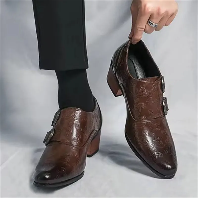 Men's Vintage Paisley Pattern Metal Buckle Chunky Heel Dress Shoes