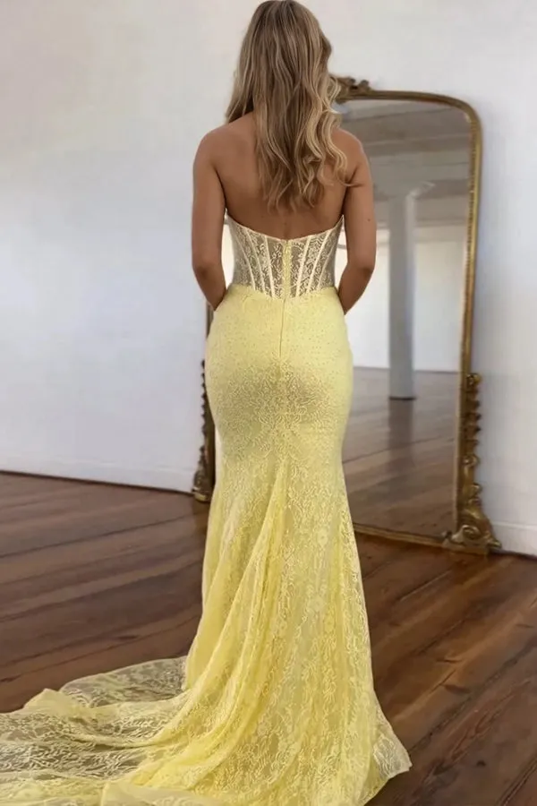 Mermaid Halter Neck Corset Lace Yellow Long Prom Dress TP1352