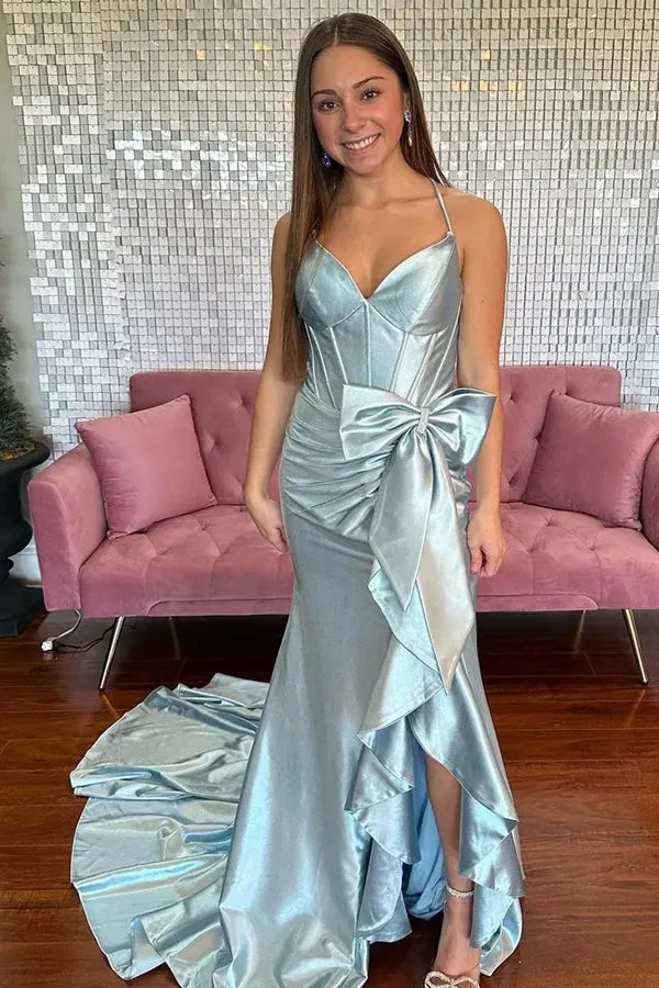 Mermaid Spaghetti Straps Corset Pink Long Prom Dress with Slit TP1345