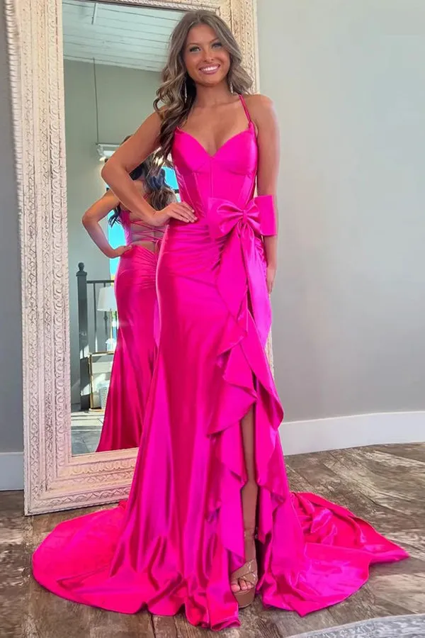 Mermaid Spaghetti Straps Corset Pink Long Prom Dress with Slit TP1345