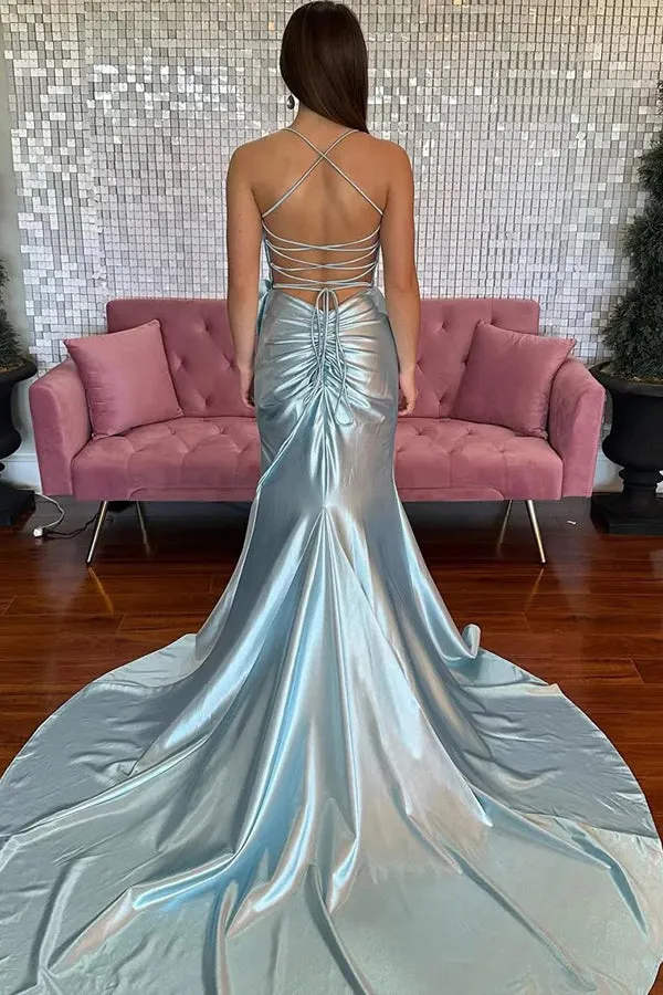 Mermaid Spaghetti Straps Corset Pink Long Prom Dress with Slit TP1345