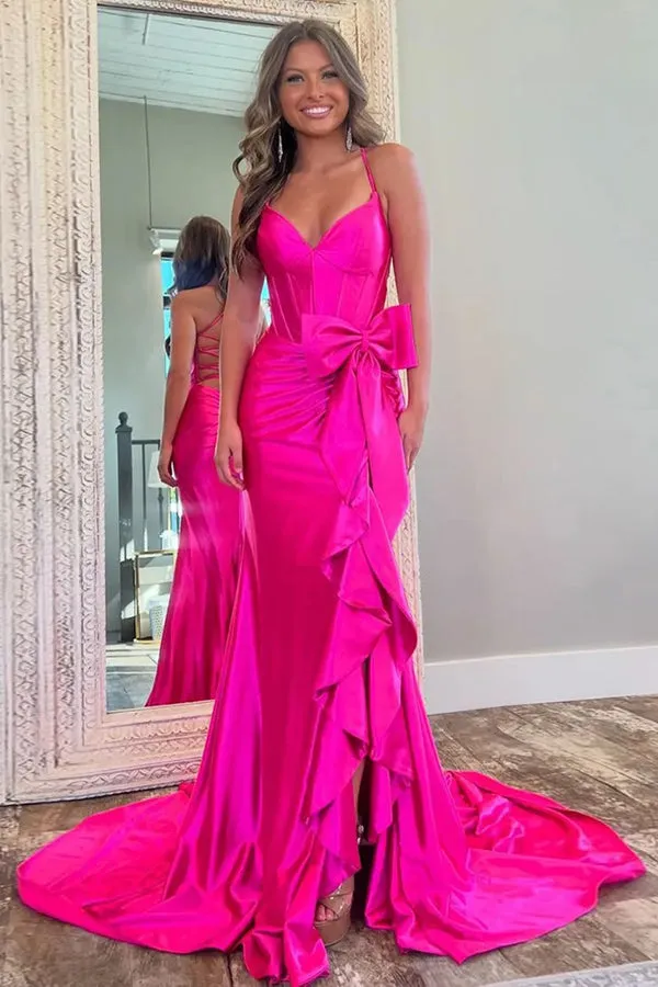 Mermaid Spaghetti Straps Corset Pink Long Prom Dress with Slit TP1345