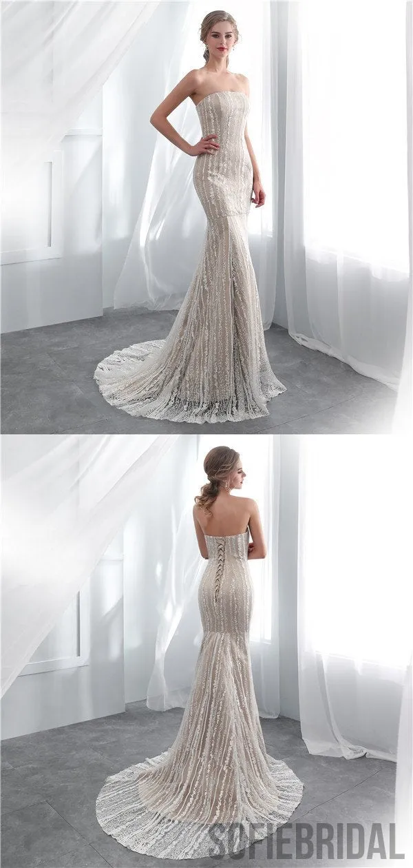 Mermaid Strapless Lace Appliques Lace up Back Wedding Dresses, WD0465