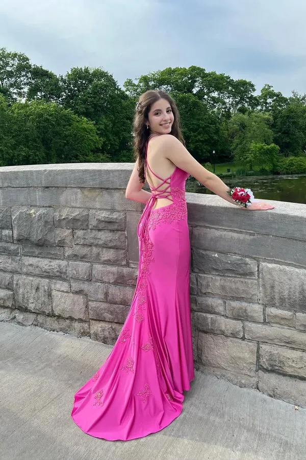 Mermaid Straps Appliques Fuchsia Long Prom Dress with Slit TP1351
