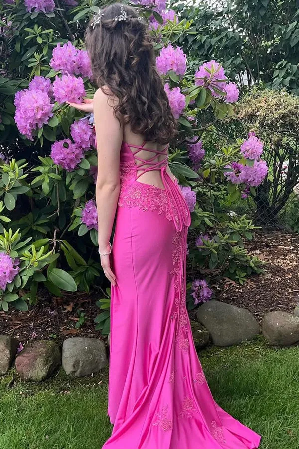 Mermaid Straps Appliques Fuchsia Long Prom Dress with Slit TP1351