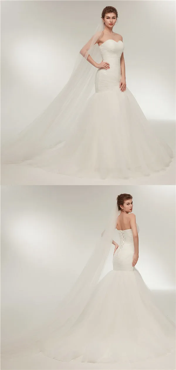 Mermaid Sweetheart Lace up Back Wedding Dresses With Pleats, WD0462