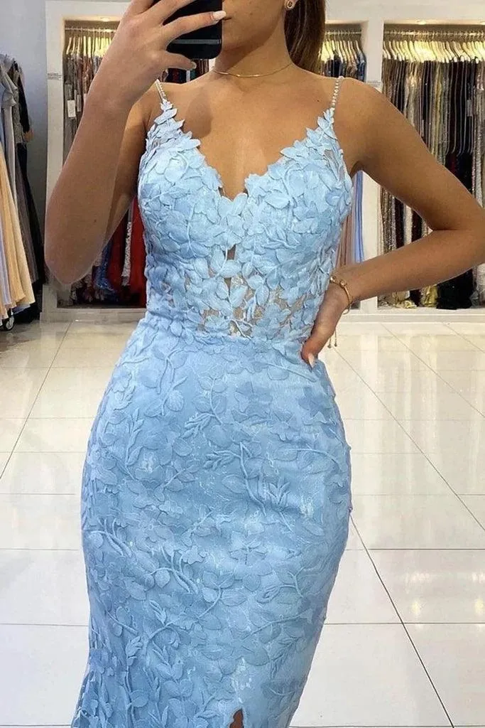 Mermaid V Neck Backless Blue Lace Long Prom Evening Dress TP1212