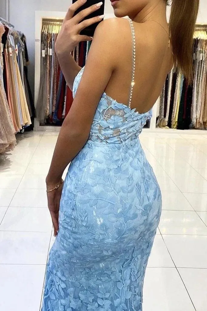 Mermaid V Neck Backless Blue Lace Long Prom Evening Dress TP1212