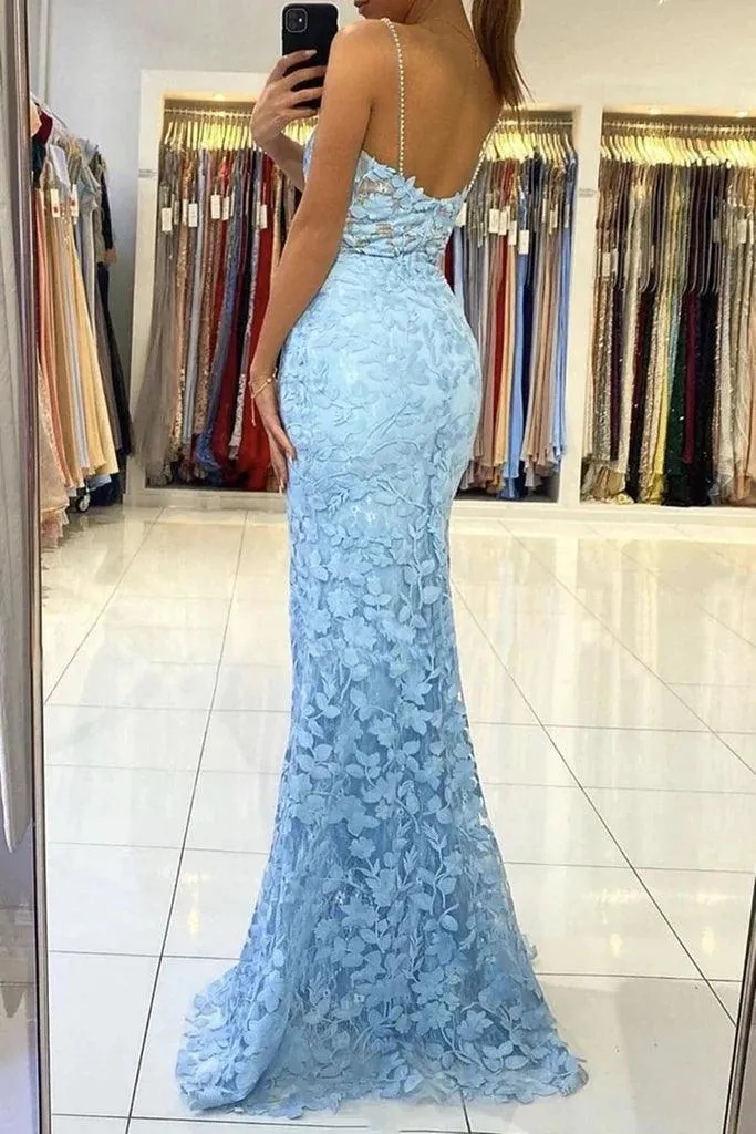 Mermaid V Neck Backless Blue Lace Long Prom Evening Dress TP1212