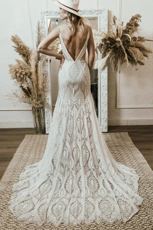 Mermaid V Neck Lace Bohemian Long Wedding Dress TD0014
