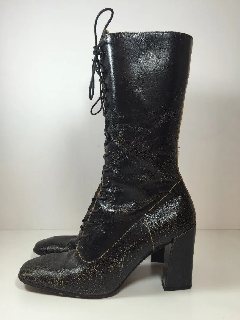 MIU MIU Black Distressed Leather Lace Up Victorian High Heel Bootie Size 38