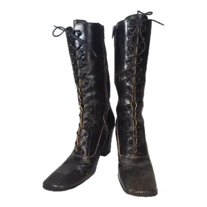 MIU MIU Black Distressed Leather Lace Up Victorian High Heel Bootie Size 38