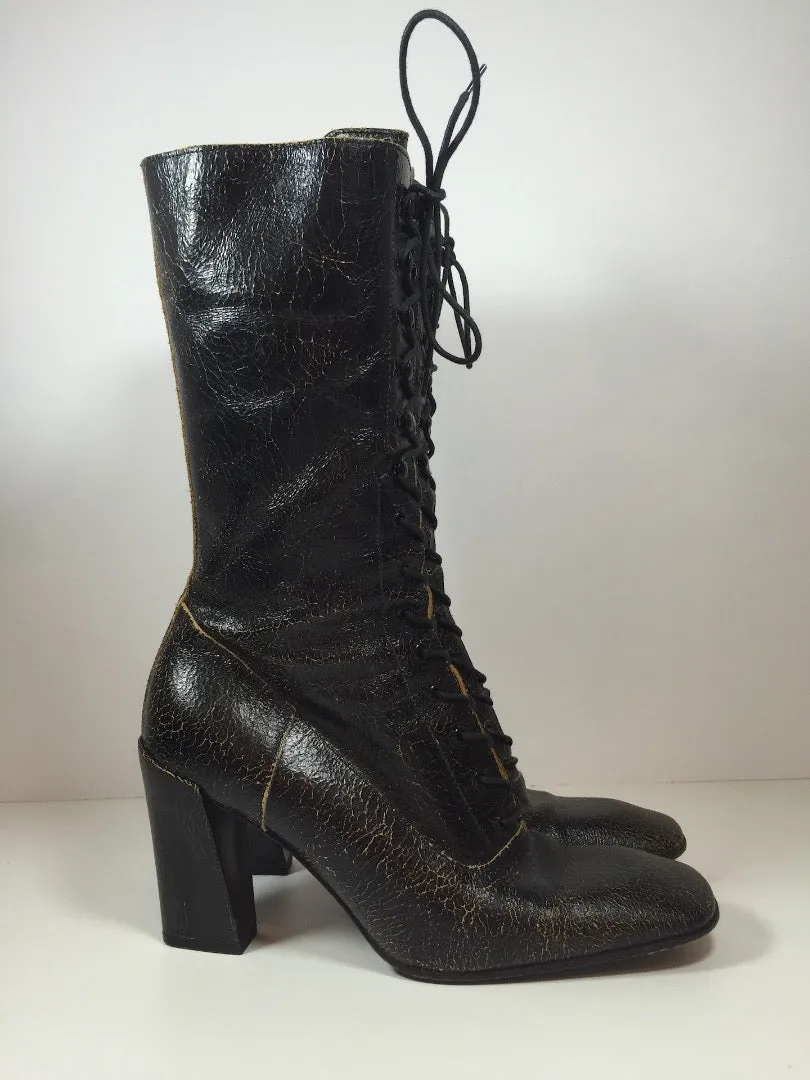 MIU MIU Black Distressed Leather Lace Up Victorian High Heel Bootie Size 38