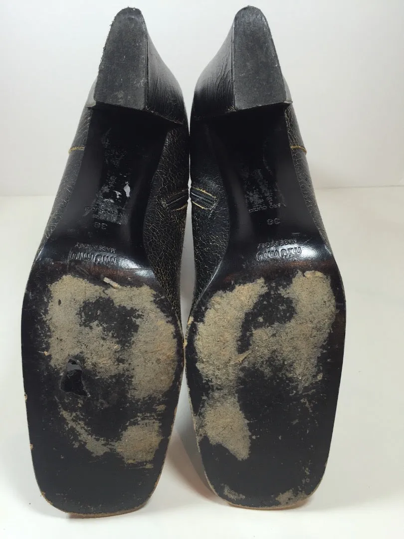MIU MIU Black Distressed Leather Lace Up Victorian High Heel Bootie Size 38