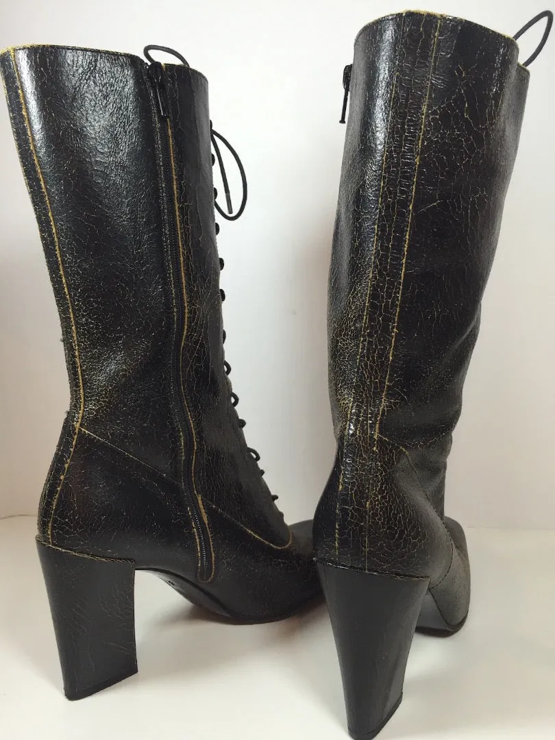 MIU MIU Black Distressed Leather Lace Up Victorian High Heel Bootie Size 38