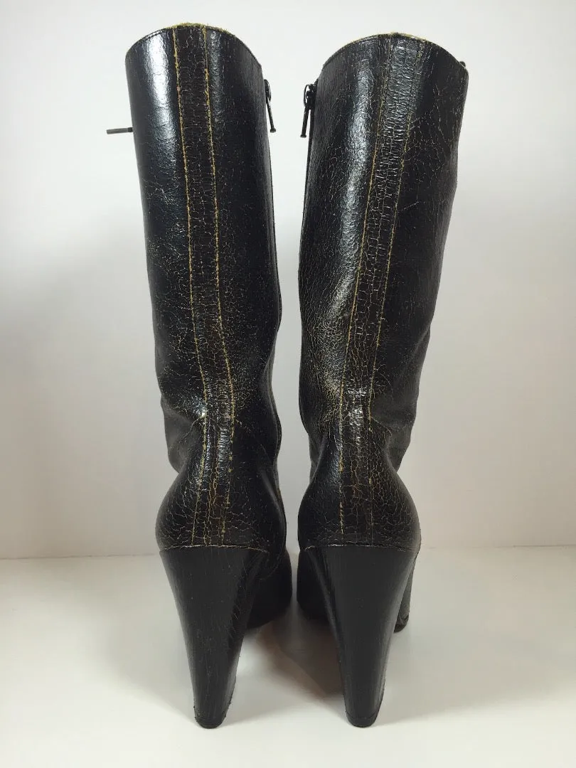 MIU MIU Black Distressed Leather Lace Up Victorian High Heel Bootie Size 38