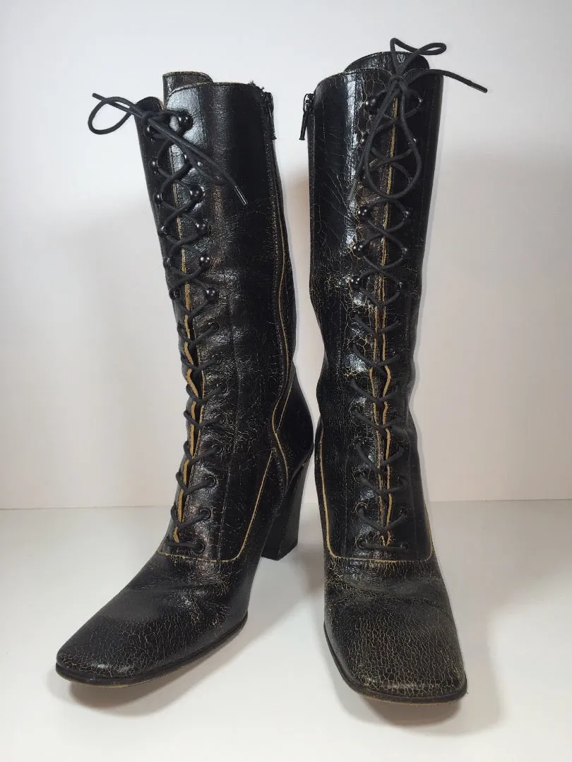 MIU MIU Black Distressed Leather Lace Up Victorian High Heel Bootie Size 38