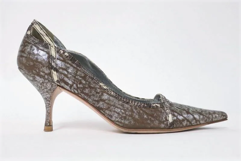 Miu Miu Pump Lizard-Trim Brown/Silver Metallic Leather Size 36.5 Point Toe Heel