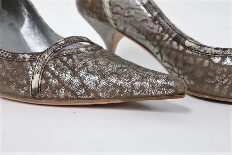 Miu Miu Pump Lizard-Trim Brown/Silver Metallic Leather Size 36.5 Point Toe Heel