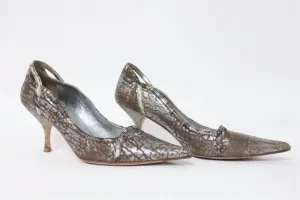 Miu Miu Pump Lizard-Trim Brown/Silver Metallic Leather Size 36.5 Point Toe Heel
