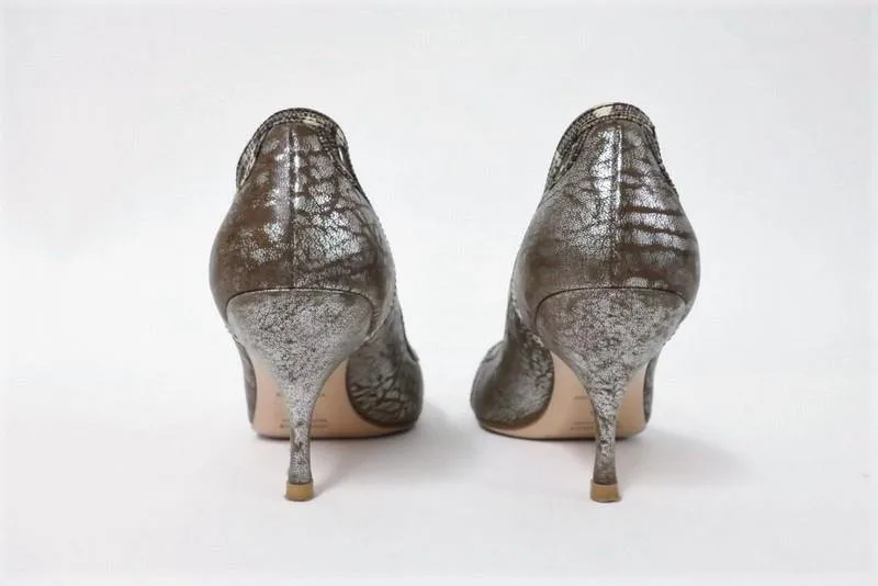 Miu Miu Pump Lizard-Trim Brown/Silver Metallic Leather Size 36.5 Point Toe Heel