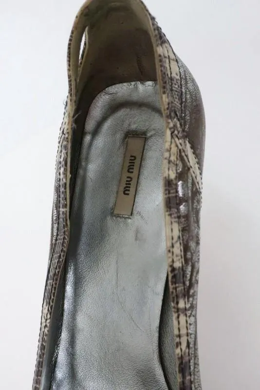 Miu Miu Pump Lizard-Trim Brown/Silver Metallic Leather Size 36.5 Point Toe Heel