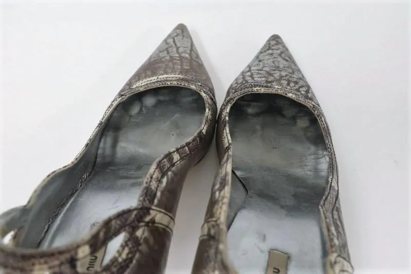 Miu Miu Pump Lizard-Trim Brown/Silver Metallic Leather Size 36.5 Point Toe Heel