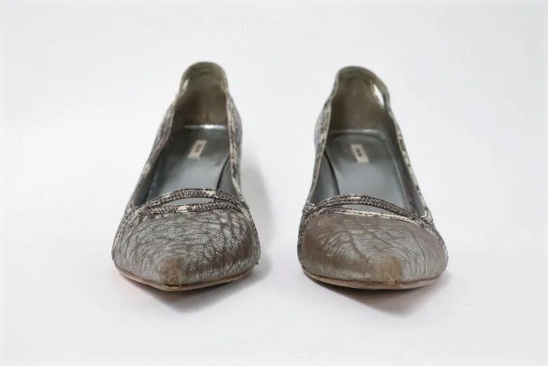 Miu Miu Pump Lizard-Trim Brown/Silver Metallic Leather Size 36.5 Point Toe Heel