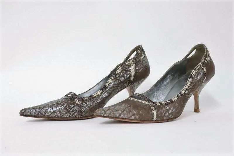Miu Miu Pump Lizard-Trim Brown/Silver Metallic Leather Size 36.5 Point Toe Heel