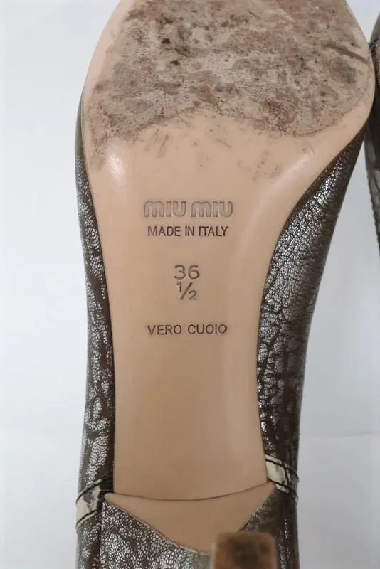 Miu Miu Pump Lizard-Trim Brown/Silver Metallic Leather Size 36.5 Point Toe Heel