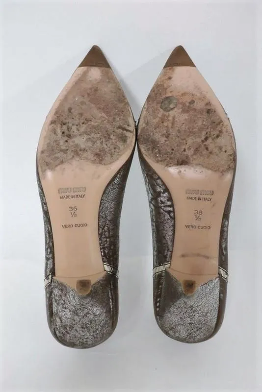 Miu Miu Pump Lizard-Trim Brown/Silver Metallic Leather Size 36.5 Point Toe Heel