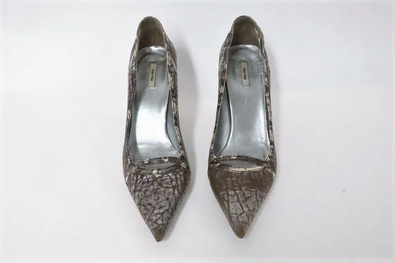 Miu Miu Pump Lizard-Trim Brown/Silver Metallic Leather Size 36.5 Point Toe Heel