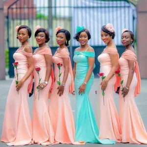 Mix-color Spaghetti Strap Off-shoulder Mermaid Long Bridesmaid Dresses, BD3199