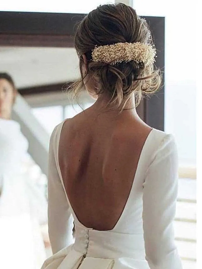 Modest Long Sleeves Open Back A-line Handmade Long Wedding Dress, WD0250