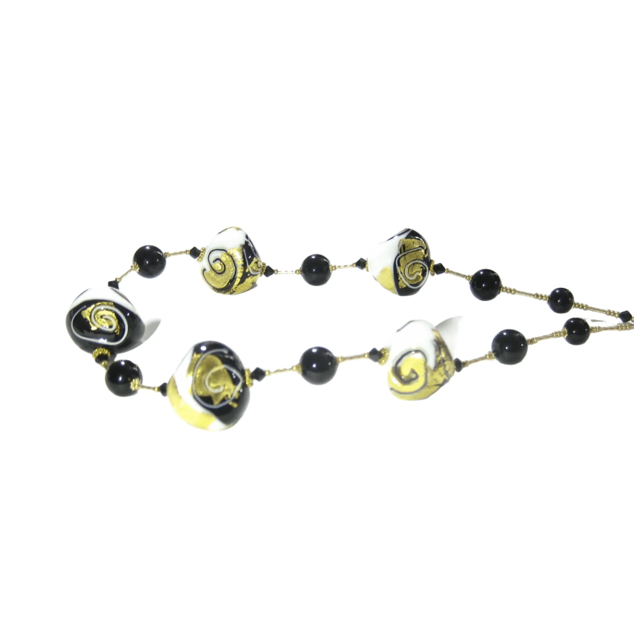 Murano Black White Swirl Chunky Abstract Gold Necklace
