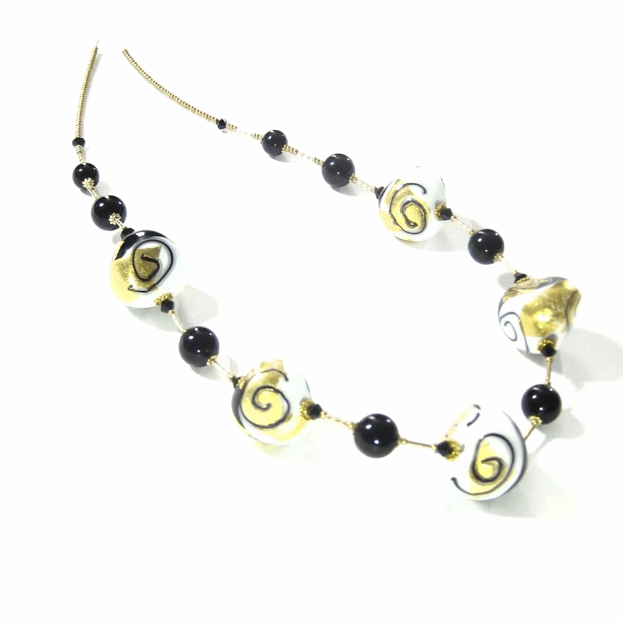 Murano Black White Swirl Chunky Abstract Gold Necklace