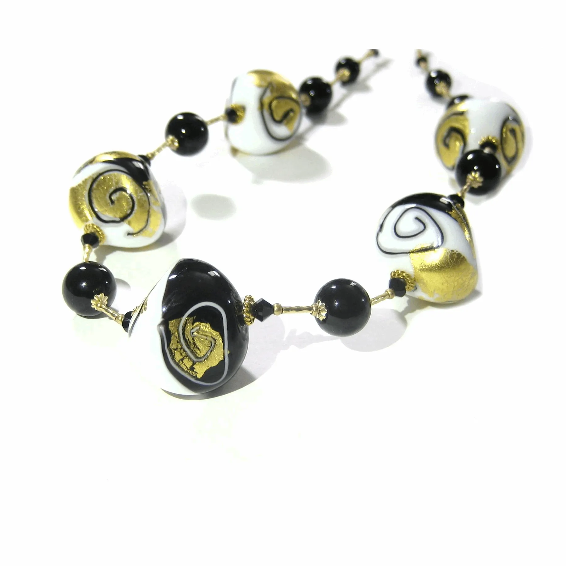 Murano Black White Swirl Chunky Abstract Gold Necklace