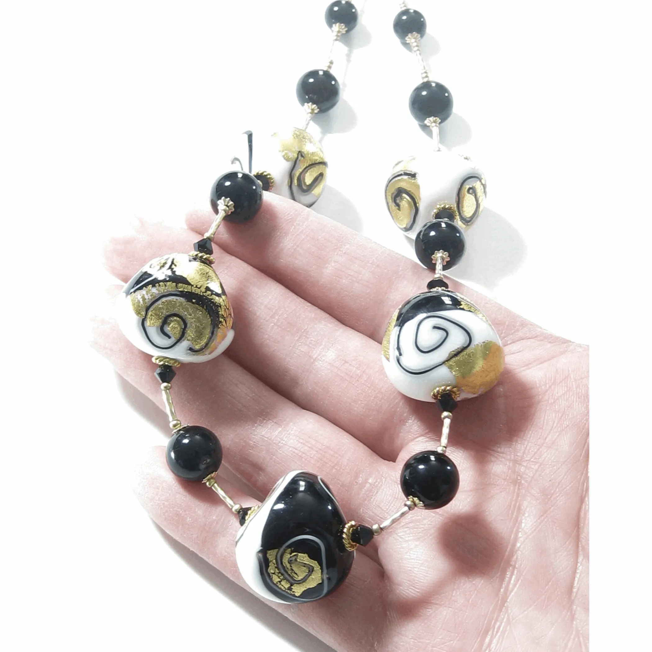 Murano Black White Swirl Chunky Abstract Gold Necklace