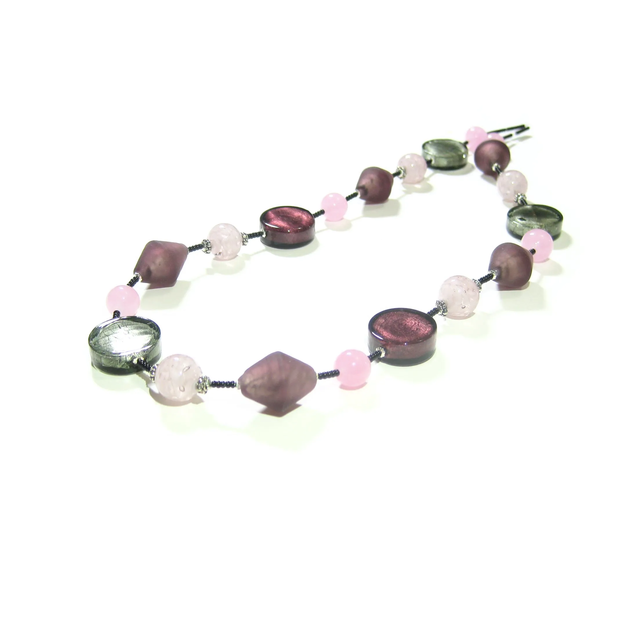 Murano Glass Purple Pink Gray Long Silver Necklace