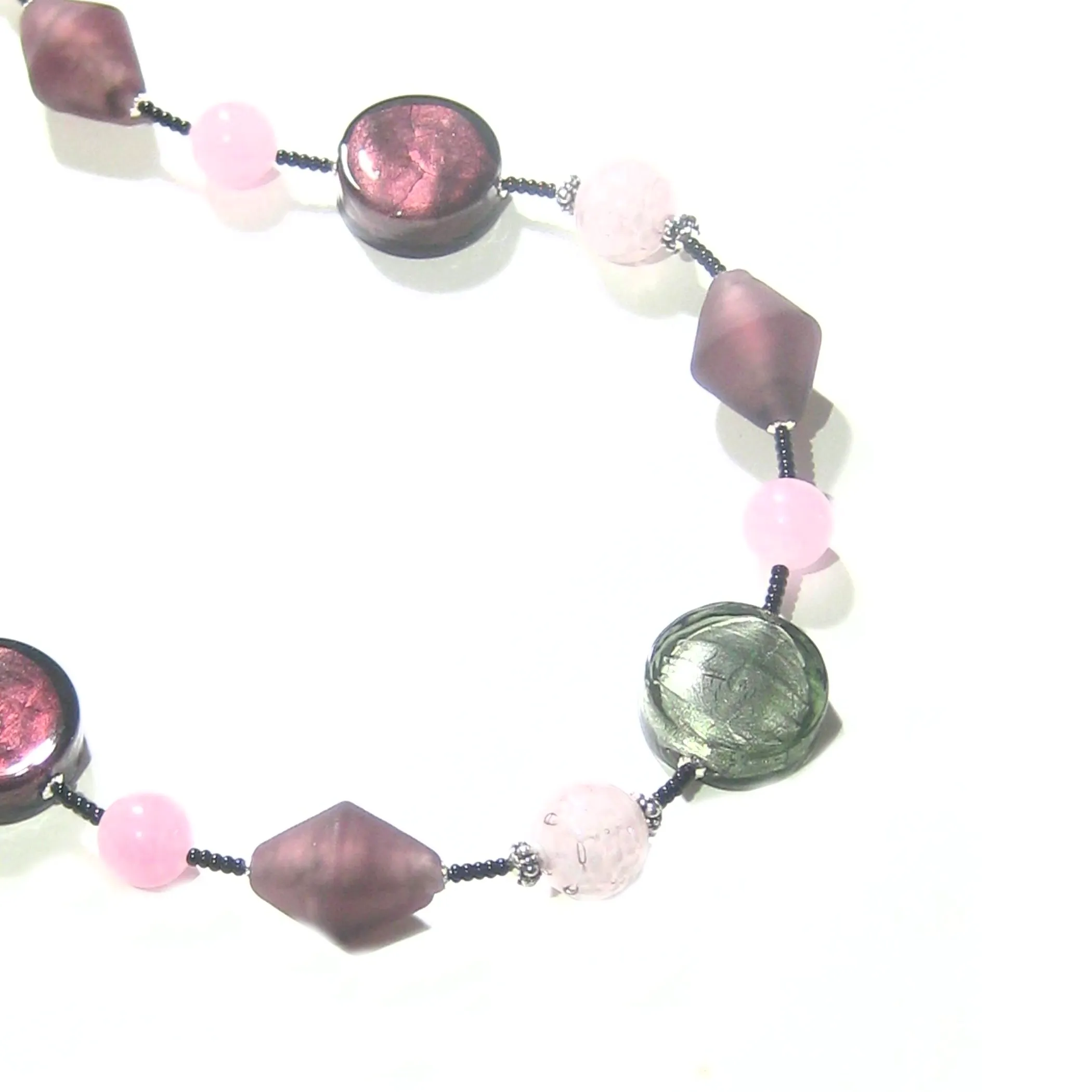 Murano Glass Purple Pink Gray Long Silver Necklace